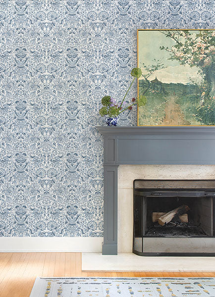 Purchase 4147-27372 A-Street Wallpaper, Blanche Blue Floral Damask - Haberdashery12