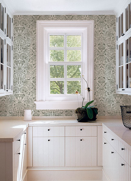 Purchase 4147-27375 A-Street Wallpaper, Blanche Dark Green Floral Damask - Haberdashery1