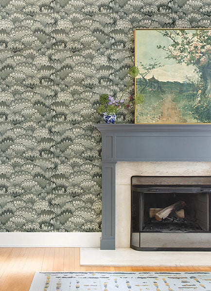 Purchase 4147-27377 A-Street Wallpaper, Octavia Dark Green Marbled Ink - Haberdashery12