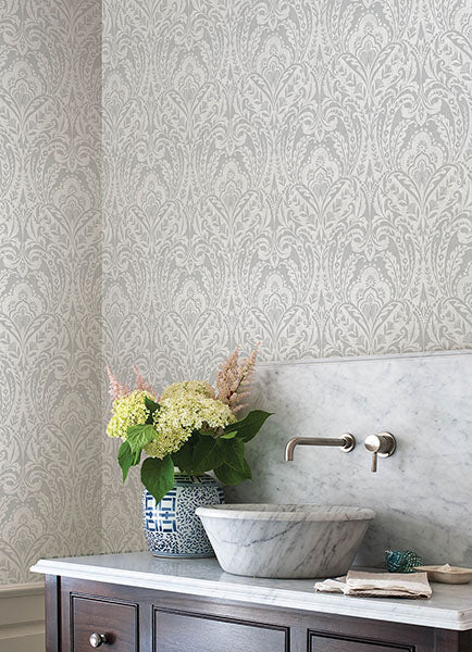 Purchase 4147-27381 A-Street Wallpaper, Berkshire Grey Damask - Haberdashery1