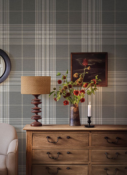 Purchase 4147-27384 A-Street Wallpaper, Westley Grey Plaid - Haberdashery1