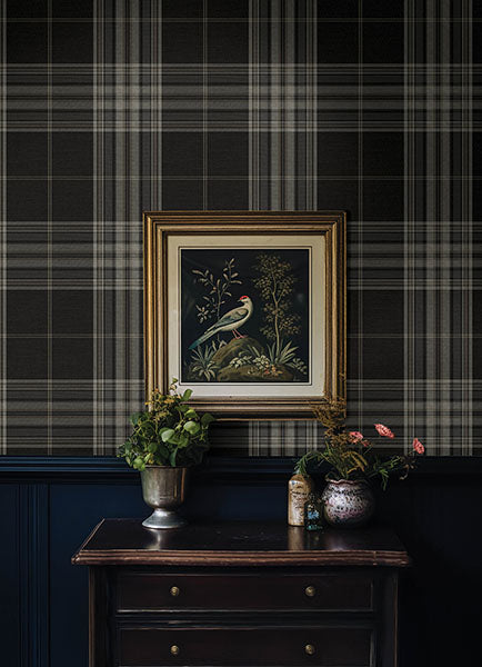 Purchase 4147-27388 A-Street Wallpaper, Westley Black Plaid - Haberdashery1