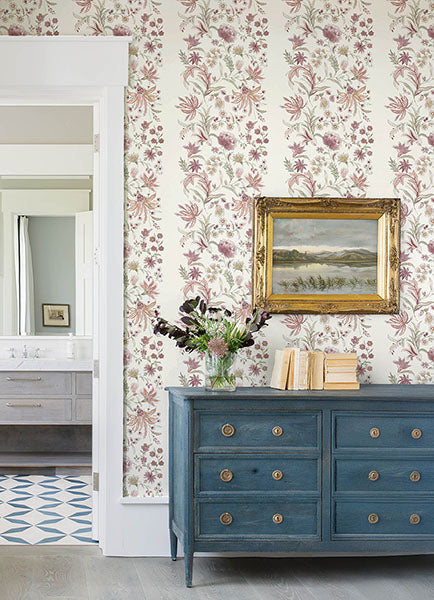Purchase 4147-27397 A-Street Wallpaper, Teonna Raspberry Floral Stripe - Haberdashery1