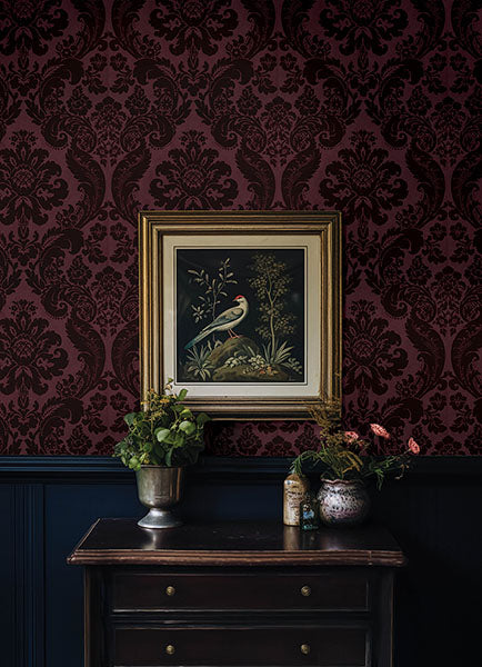 Purchase 4147-87315 A-Street Wallpaper, Shadow Merlot Flocked Damask - Haberdashery1