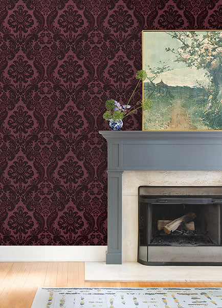 Purchase 4147-87315 A-Street Wallpaper, Shadow Merlot Flocked Damask - Haberdashery12