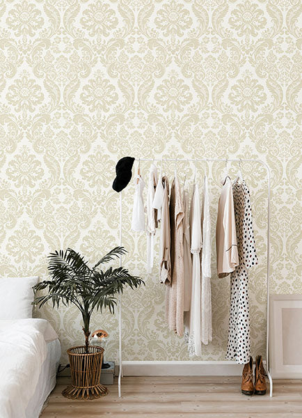 Purchase 4147-87390 A-Street Wallpaper, Shadow Cream Flocked Damask - Haberdashery1