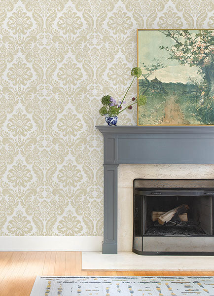 Purchase 4147-87390 A-Street Wallpaper, Shadow Cream Flocked Damask - Haberdashery12