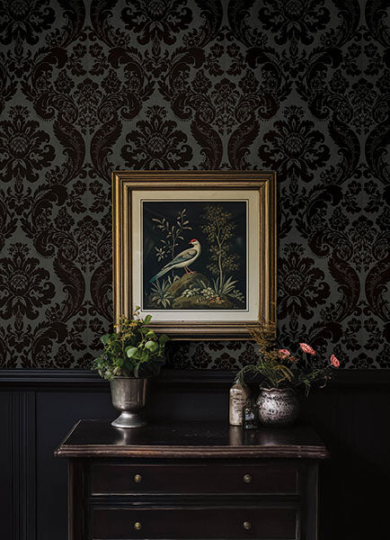Purchase 4147-87391 A-Street Wallpaper, Shadow Black Flocked Damask - Haberdashery1