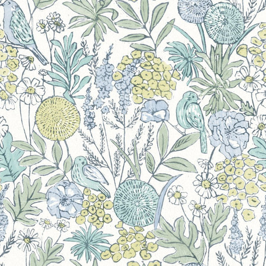 Purchase 4148-27413 Chesapeake Wallpaper, Goldfinch Aqua Birds and Blooms - PrintWorks