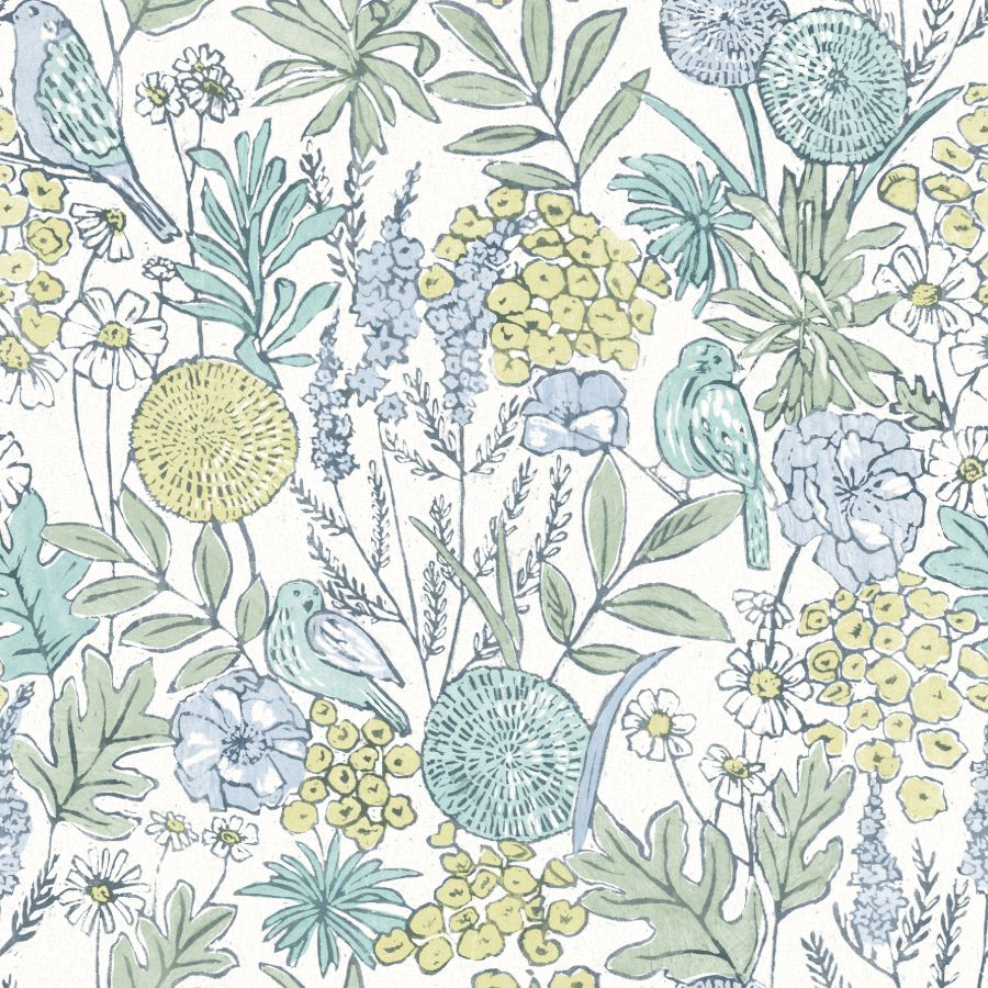 Purchase 4148-27413 Chesapeake Wallpaper, Goldfinch Aqua Birds and Blooms - PrintWorks