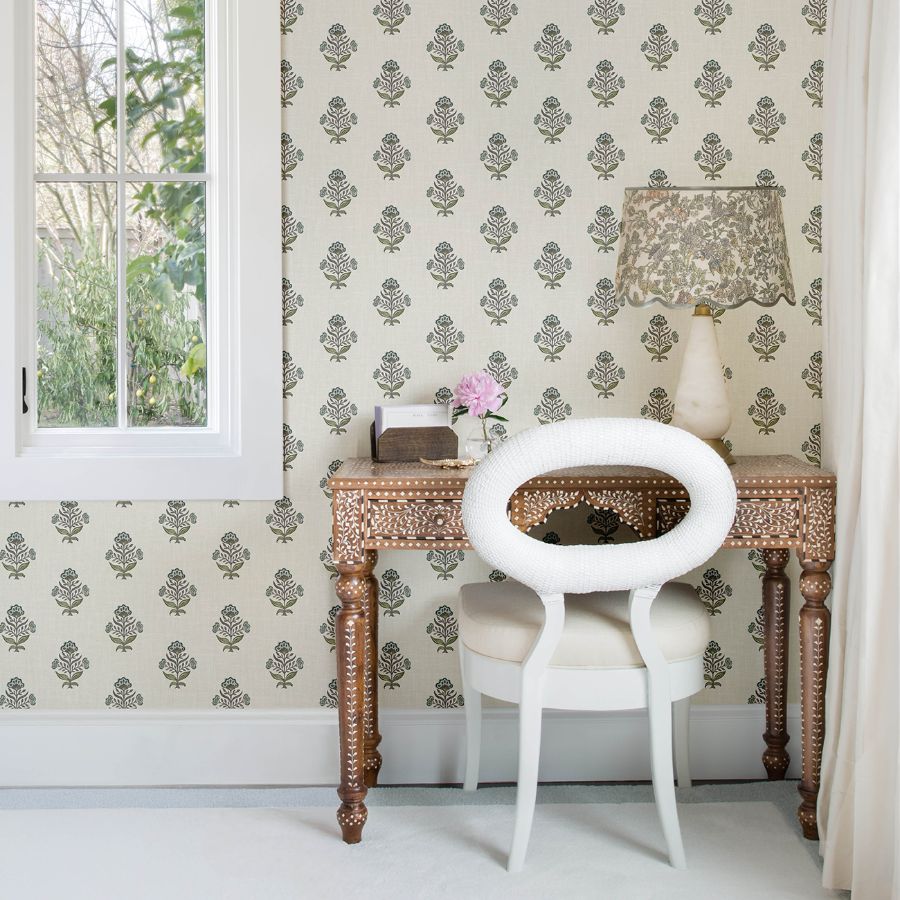 Purchase 4148-27415 Chesapeake Wallpaper, Hollyhock Aqua Floral Crest - PrintWorks1