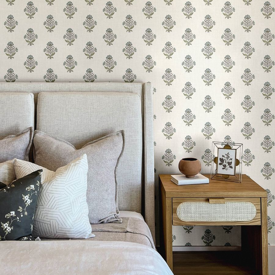 Purchase 4148-27415 Chesapeake Wallpaper, Hollyhock Aqua Floral Crest - PrintWorks12