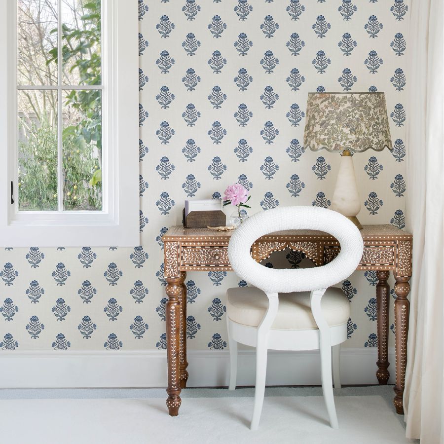 Purchase 4148-27417 Chesapeake Wallpaper, Hollyhock Blue Floral Crest - PrintWorks1