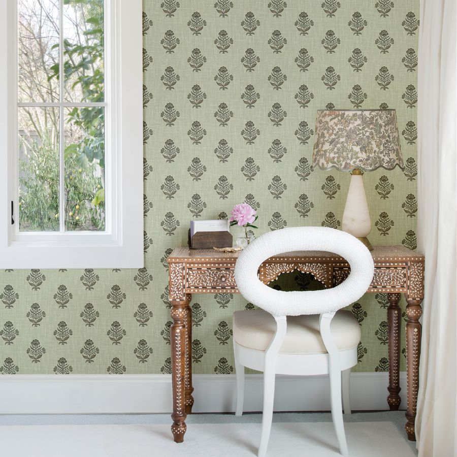 Purchase 4148-27419 Chesapeake Wallpaper, Hollyhock Green Floral Crest - PrintWorks1