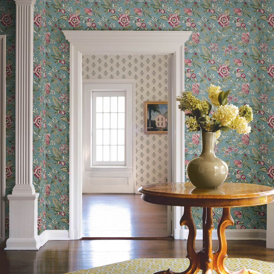 Purchase 4148-27423 Chesapeake Wallpaper, Begonia Teal Floral Trail - PrintWorks1