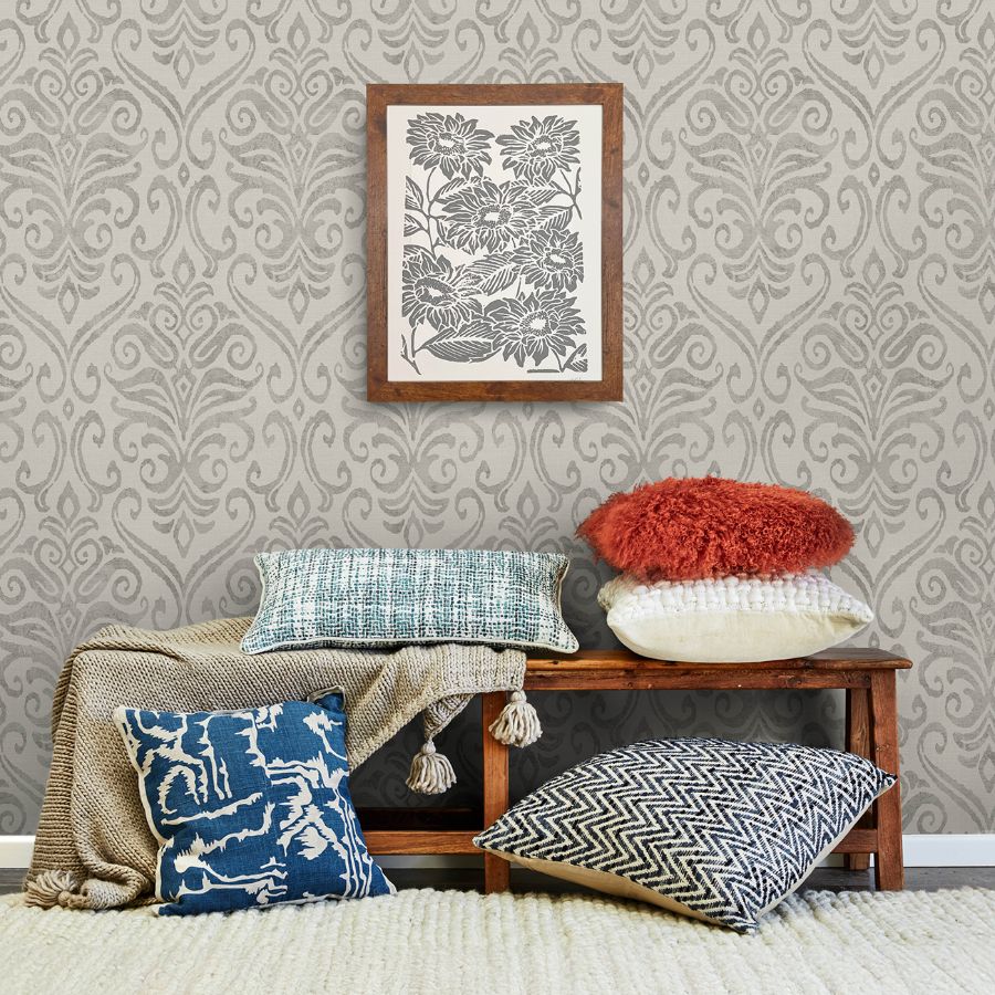 Purchase 4148-27439 Chesapeake Wallpaper, Adavu Grey Damask - PrintWorks1