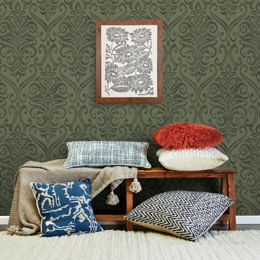Purchase 4148-27440 Chesapeake Wallpaper, Adavu Dark Green Damask - PrintWorks1