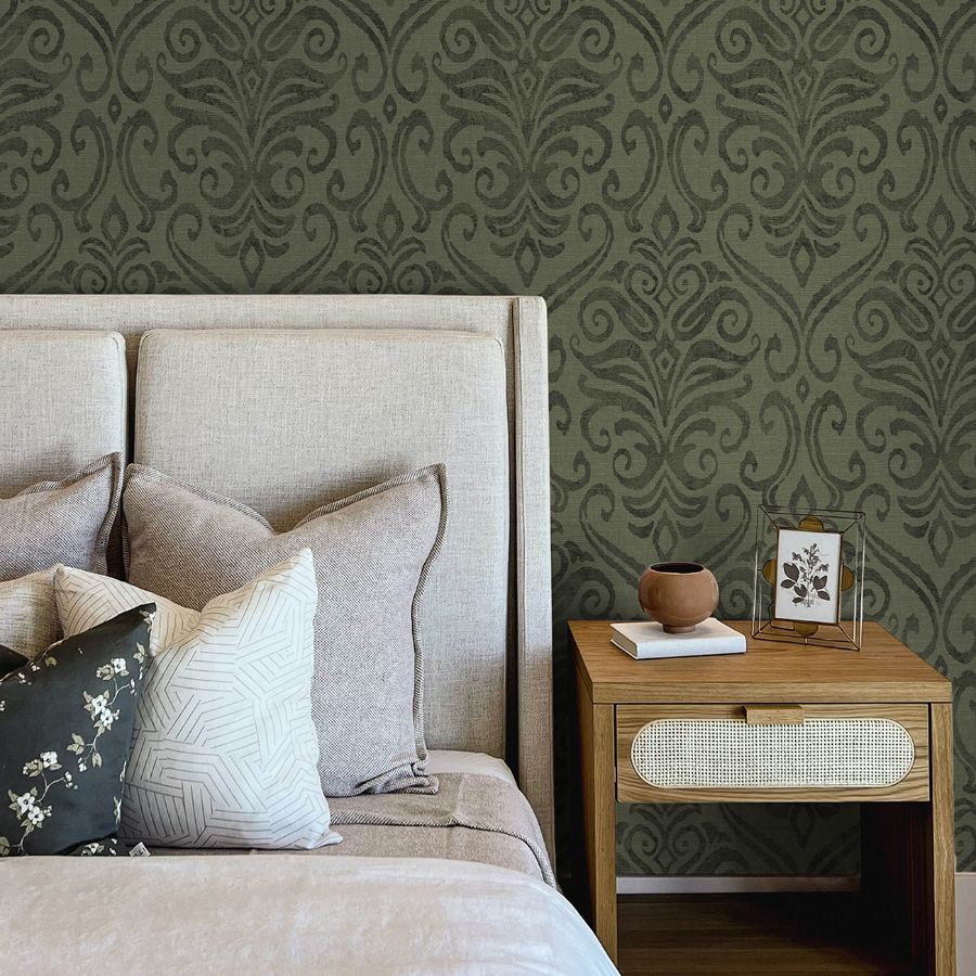 Purchase 4148-27440 Chesapeake Wallpaper, Adavu Dark Green Damask - PrintWorks12
