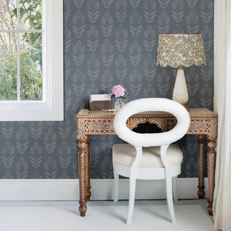 Purchase 4148-27473 Chesapeake Wallpaper, Garland Denim Block Tulip - PrintWorks1