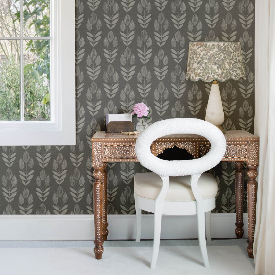 Purchase 4148-27477 Chesapeake Wallpaper, Garland Charcoal Block Tulip - PrintWorks1