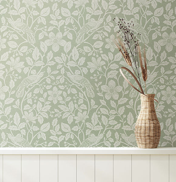 Purchase 4164-M1816 Advantage Wallpaper, Marlow Green Bird Vine - Westbury Forest1