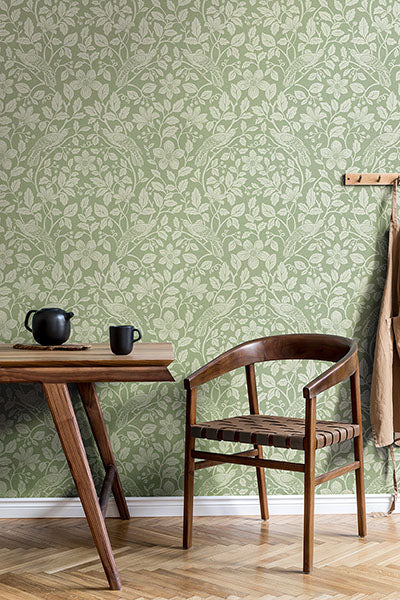 Purchase 4164-M1816 Advantage Wallpaper, Marlow Green Bird Vine - Westbury Forest12