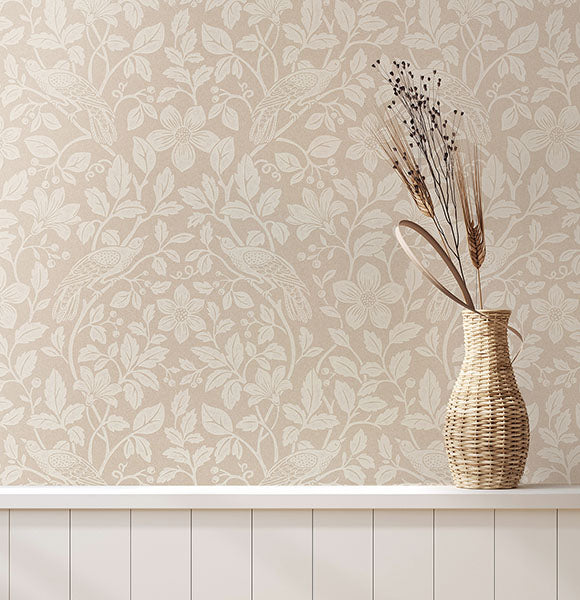 Purchase 4164-M1817 Advantage Wallpaper, Marlow Beige Bird Vine - Westbury Forest1