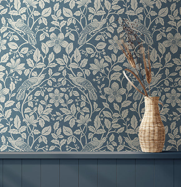 Purchase 4164-M1818 Advantage Wallpaper, Marlow Dark Blue Bird Vine - Westbury Forest1