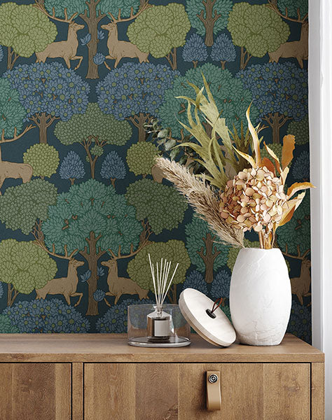 Purchase 4164-M1850 Advantage Wallpaper, Forest of Arden Blue Deer - Westbury Forest1
