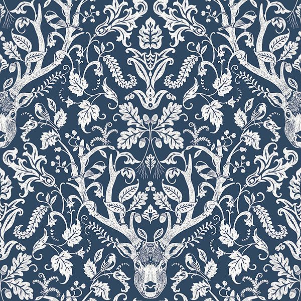 Purchase 4169-12703 Chesapeake Wallpaper, Kiwassa Navy Antler Damask - Oak & Moss