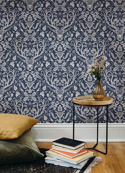 Purchase 4169-12703 Chesapeake Wallpaper, Kiwassa Navy Antler Damask - Oak & Moss1