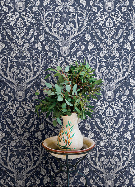 Purchase 4169-12703 Chesapeake Wallpaper, Kiwassa Navy Antler Damask - Oak & Moss12