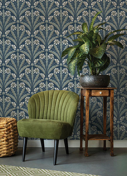 Purchase 4169-27600 Chesapeake Wallpaper, Tap Root Dark Blue Floral Damask - Oak & Moss1