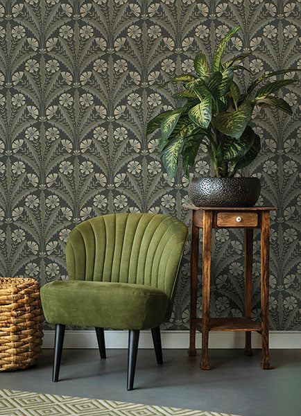 Purchase 4169-27601 Chesapeake Wallpaper, Tap Root Charcoal Floral Damask - Oak & Moss1