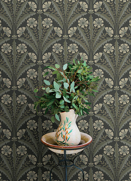 Purchase 4169-27601 Chesapeake Wallpaper, Tap Root Charcoal Floral Damask - Oak & Moss12
