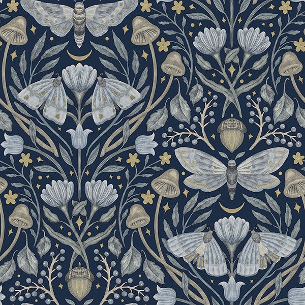 Purchase 4169-83118 Chesapeake Wallpaper, Mystic Moth Navy Forest Magic - Oak & Moss