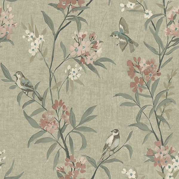 Purchase 4169-83138 Chesapeake Wallpaper, Tea Olive Green Finch Frolic - Oak & Moss