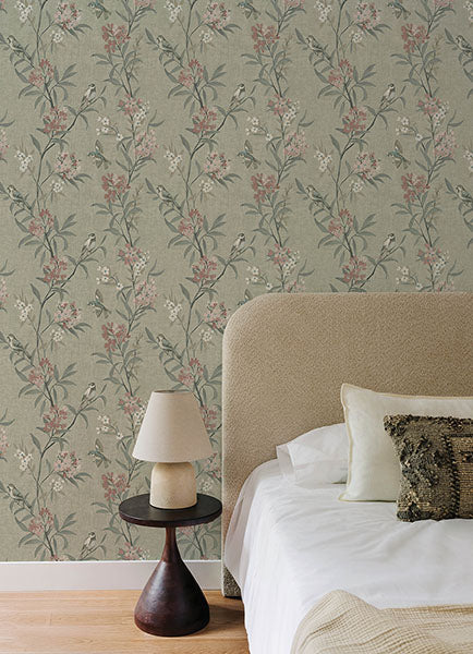 Purchase 4169-83138 Chesapeake Wallpaper, Tea Olive Green Finch Frolic - Oak & Moss1