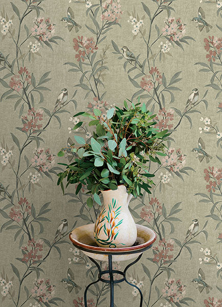 Purchase 4169-83138 Chesapeake Wallpaper, Tea Olive Green Finch Frolic - Oak & Moss12