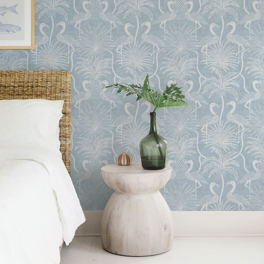 Purchase 4172-82005 A-Street Wallpaper, Biscayne Sky Blue Flamingo Beach - Sea Salt12