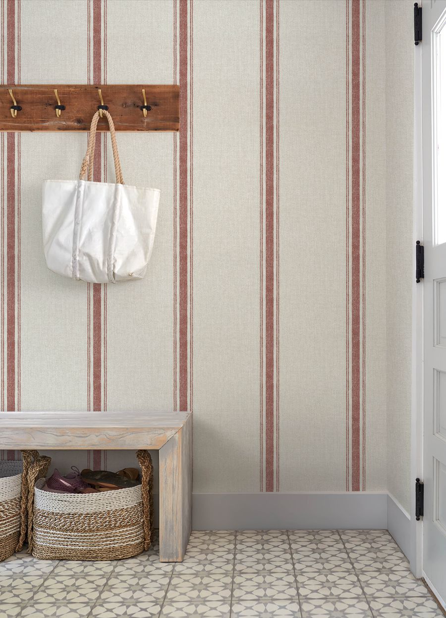 Purchase 4192-12464 Chesapeake Wallpaper, Linette Red Fabric Stripe - Plaid & Stripe1