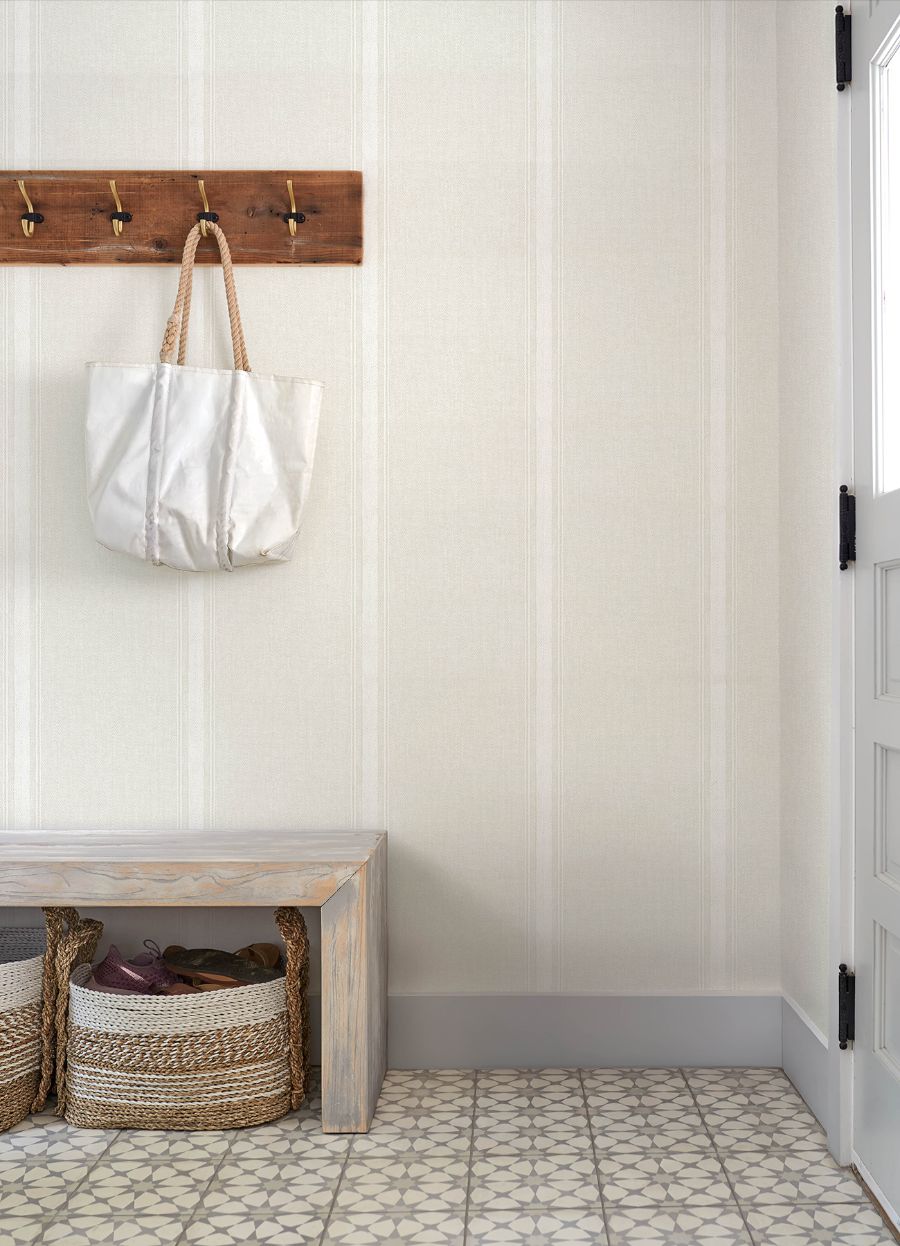 Purchase 4192-12465 Chesapeake Wallpaper, Linette Cream Fabric Stripe - Plaid & Stripe1