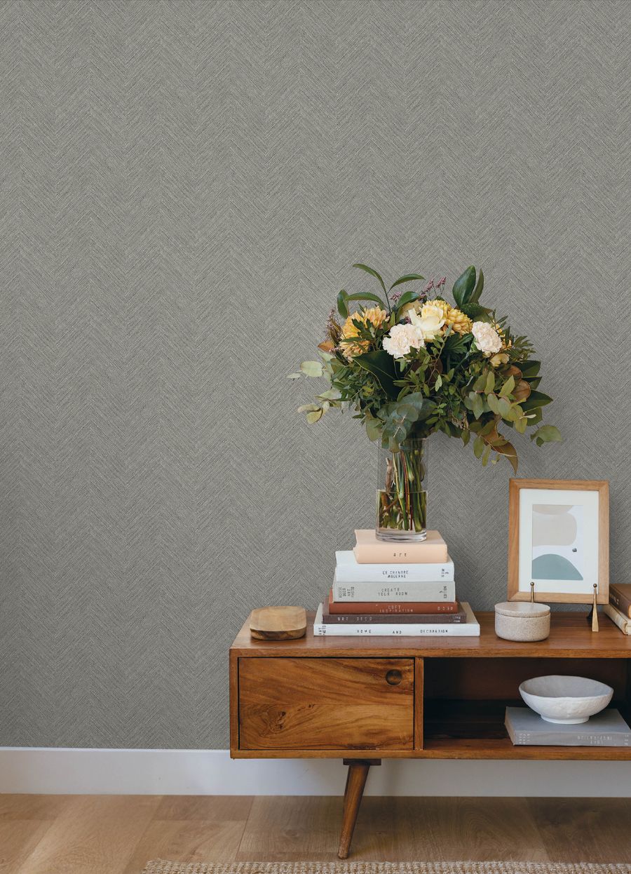 Purchase 4192-13674 Chesapeake Wallpaper, Caladesi Dark Grey Linen Chevron - Plaid & Stripe1