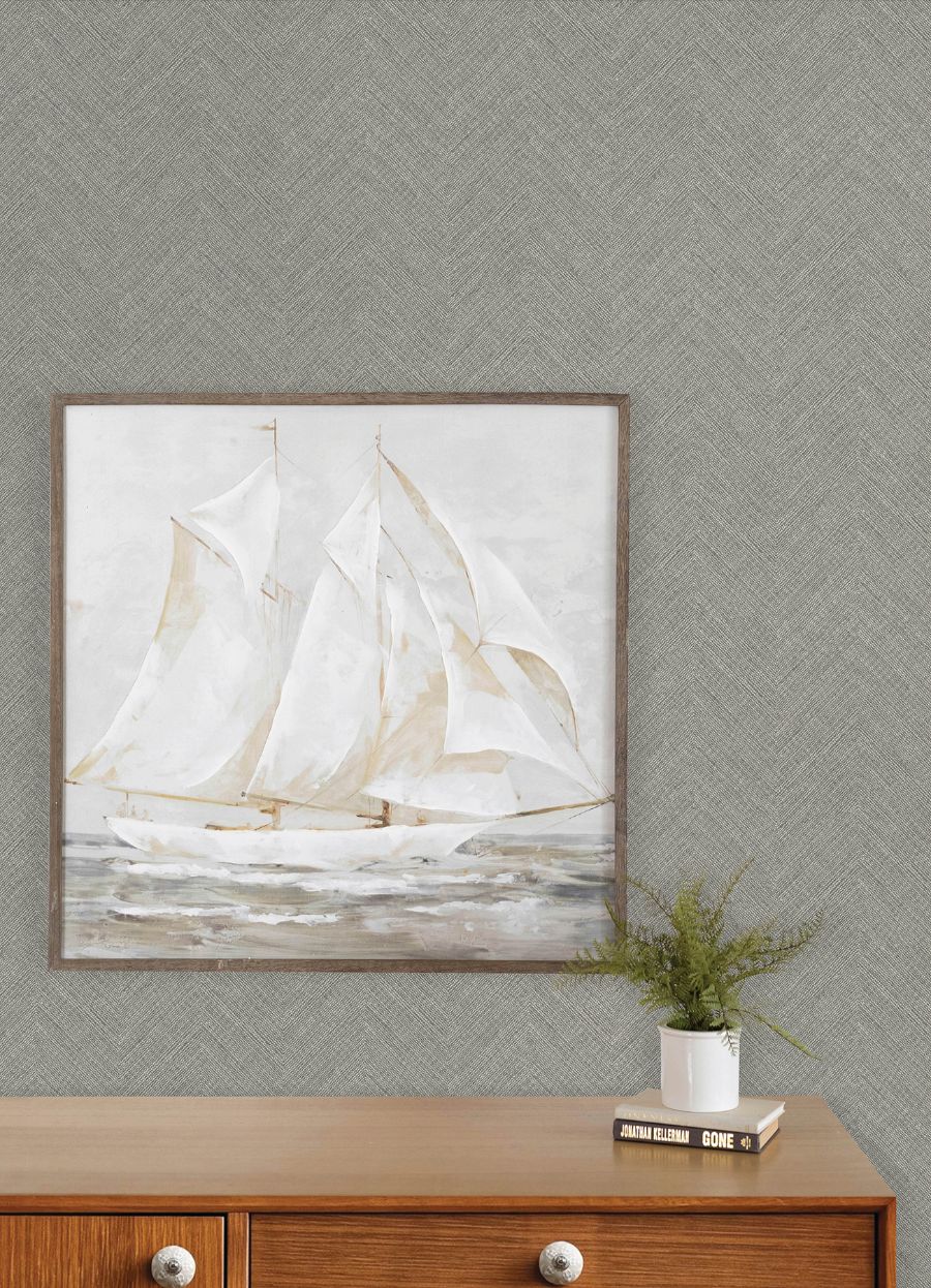 Purchase 4192-13674 Chesapeake Wallpaper, Caladesi Dark Grey Linen Chevron - Plaid & Stripe12