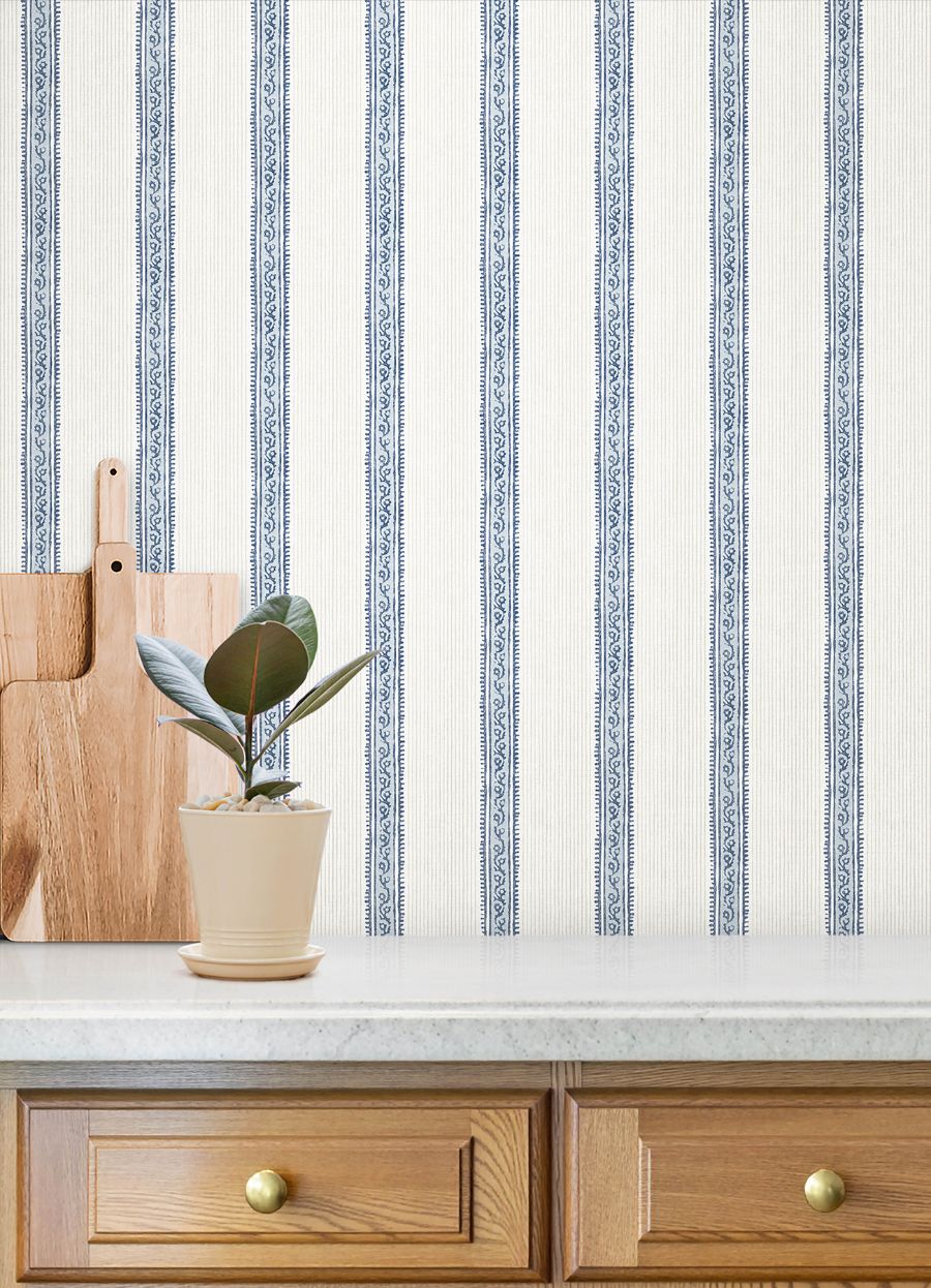 Purchase 4192-27428 Chesapeake Wallpaper, Mandevilla Blue Vine Stripe - Plaid & Stripe1
