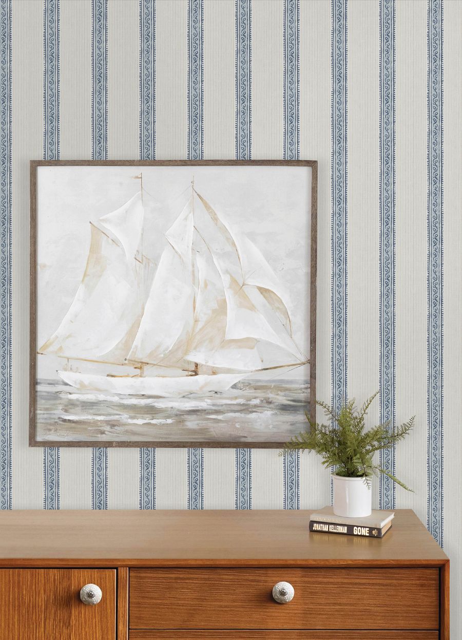 Purchase 4192-27428 Chesapeake Wallpaper, Mandevilla Blue Vine Stripe - Plaid & Stripe12