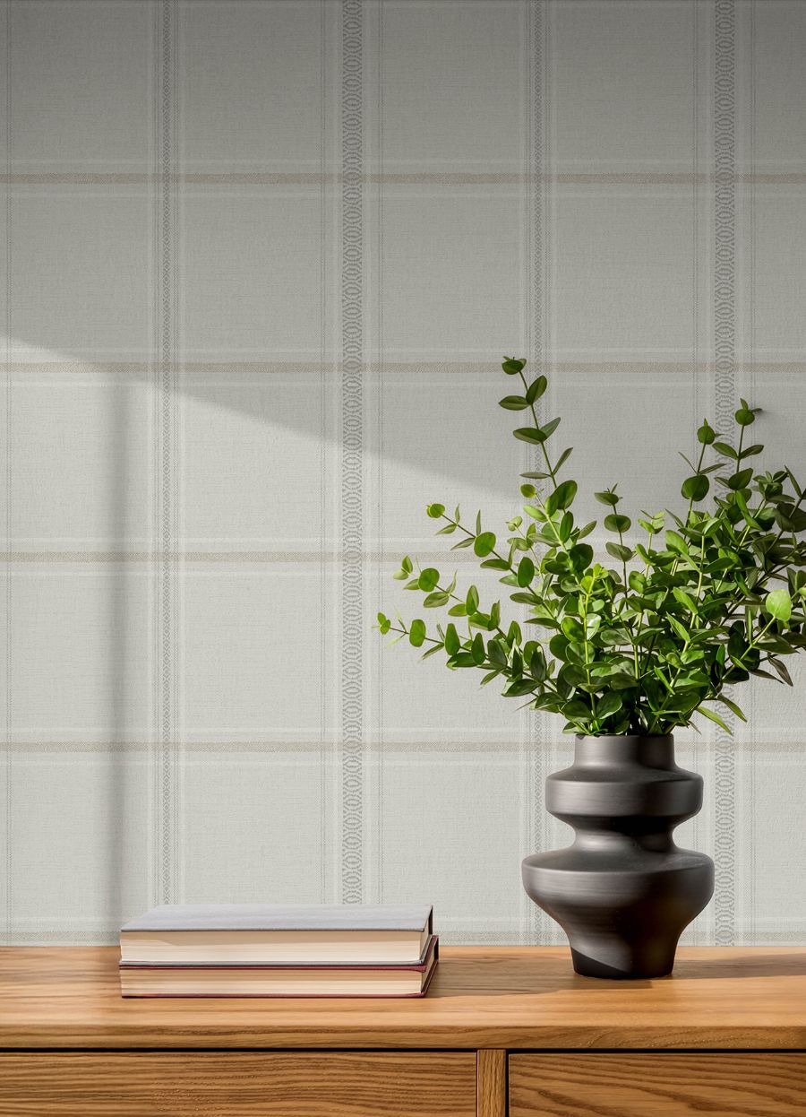 Purchase 4192-27608 Chesapeake Wallpaper, Auberge Taupe Plaid - Plaid & Stripe1