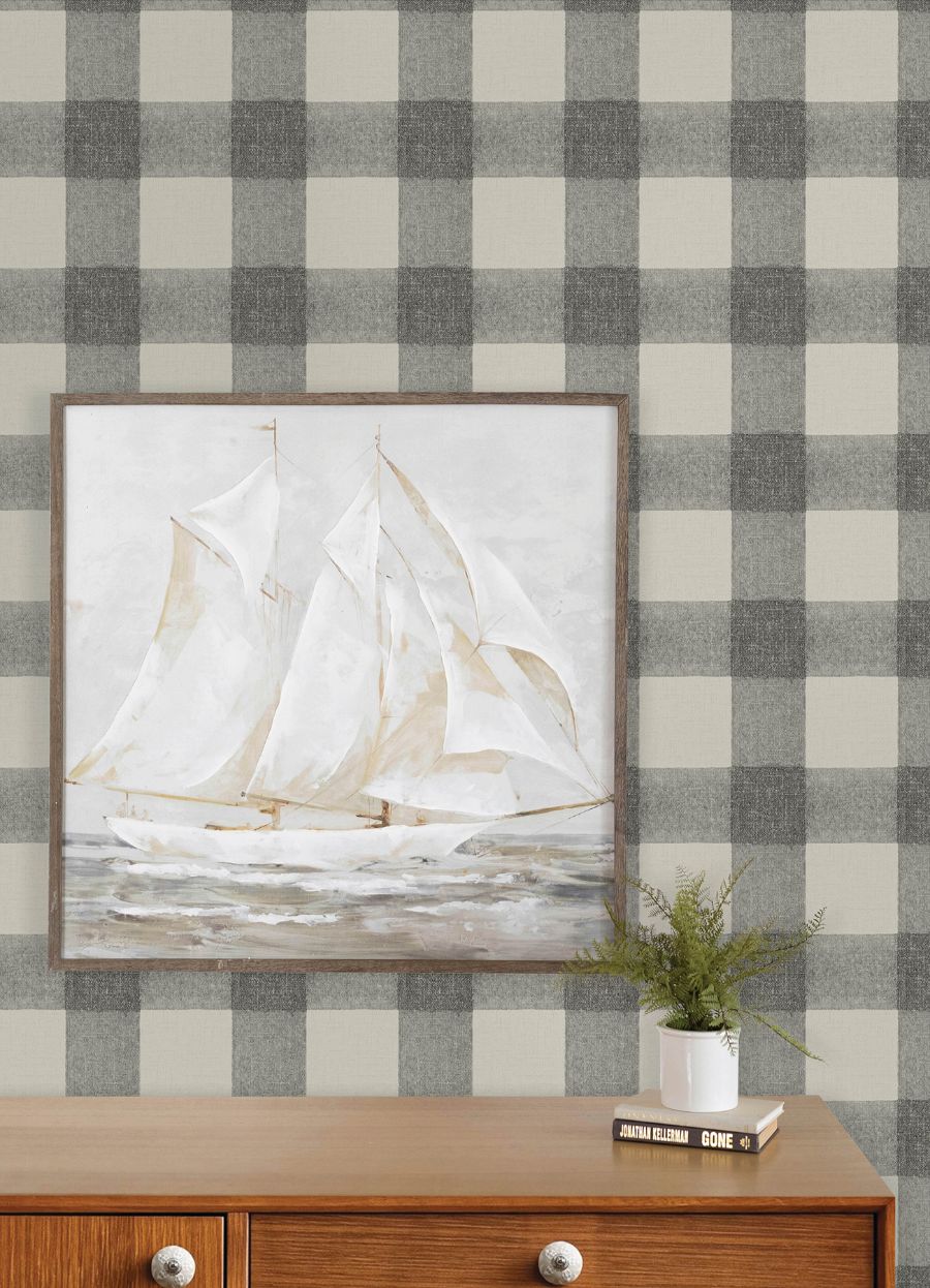 Purchase 4192-83421 Chesapeake Wallpaper, Thorpe Charcoal Plaid - Plaid & Stripe12