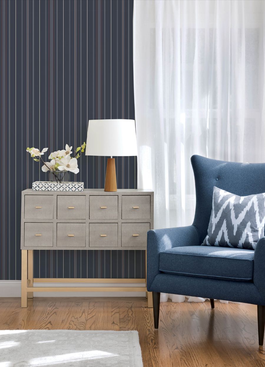 Purchase 4192-83450 Chesapeake Wallpaper, Lascelle Navy Modern Pinstripe - Plaid & Stripe1