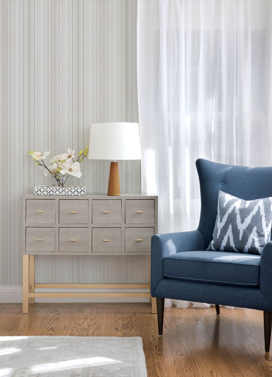 Purchase 4192-83451 Chesapeake Wallpaper, Lascelle Light Grey Modern Pinstripe - Plaid & Stripe1